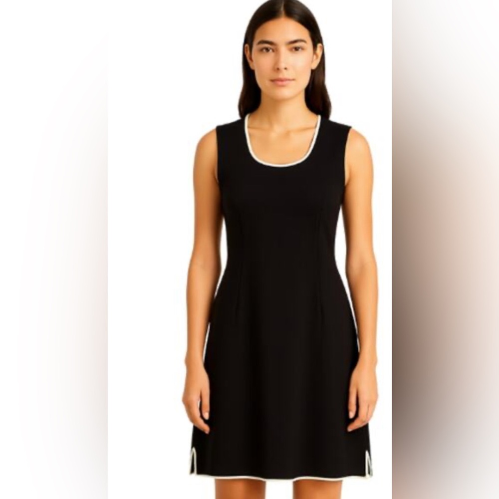 BCBGMAXAZRIA Sleeveless Cream Edged Black Knit Sheath Dress ZB5